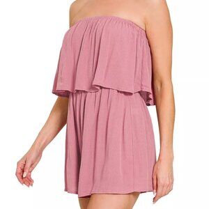 Zenana Woven Crinkle Strapless Rompers